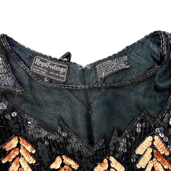 STUNNING VINTAGE ROYAL FEELINGS SEQUIN BEAD SILK LEAF SHORT SLV FORMAL TOP - L - Picture 5 of 5